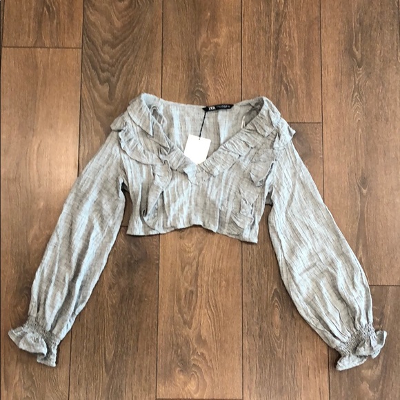 NWT Zara Cropped Ruffled Gray Top Size M - Picture 8 of 13